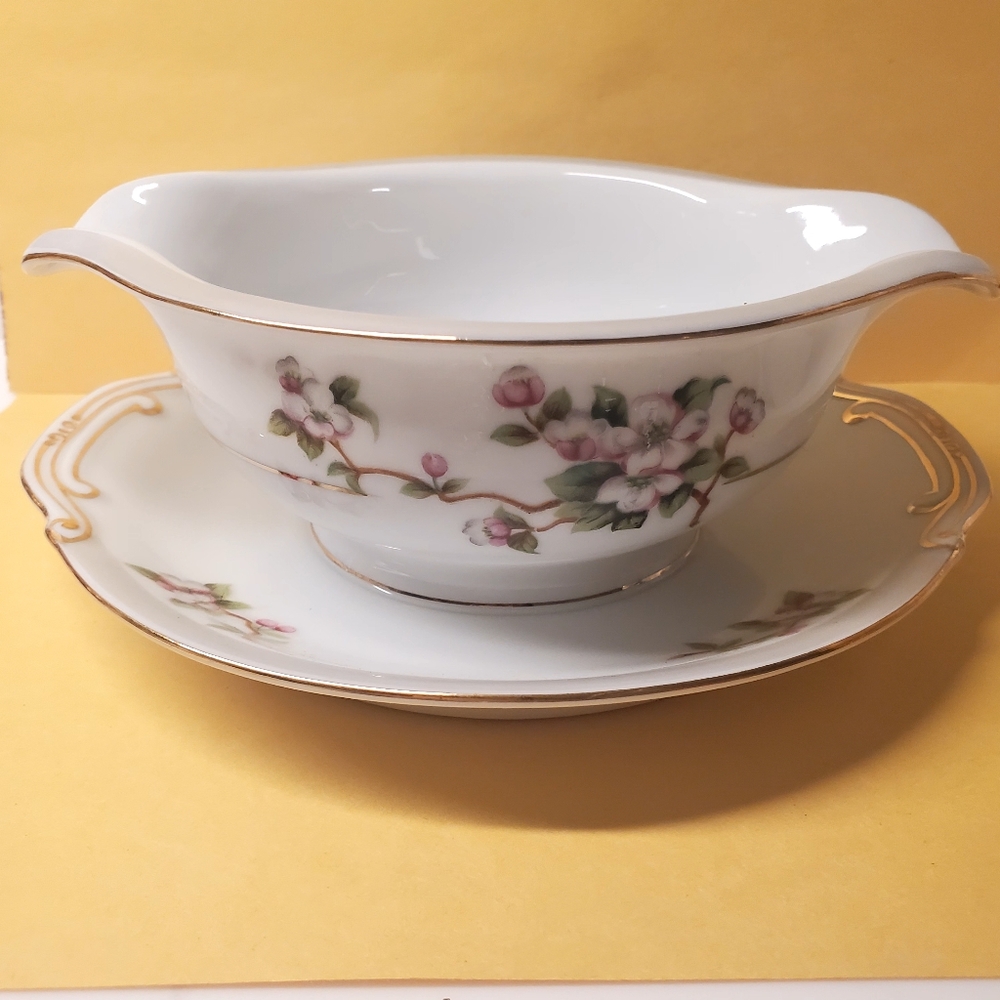 Floral Porcelain Gravy Boat with Attached Saucer by Apple Blossom.